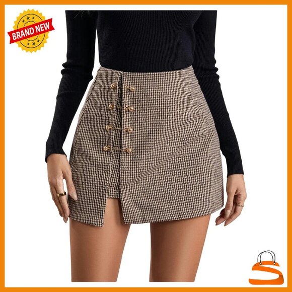 Dresses & Skirts - Faux Leather Short Skirt Side Slit Metallic Trim High Waisted A-Line